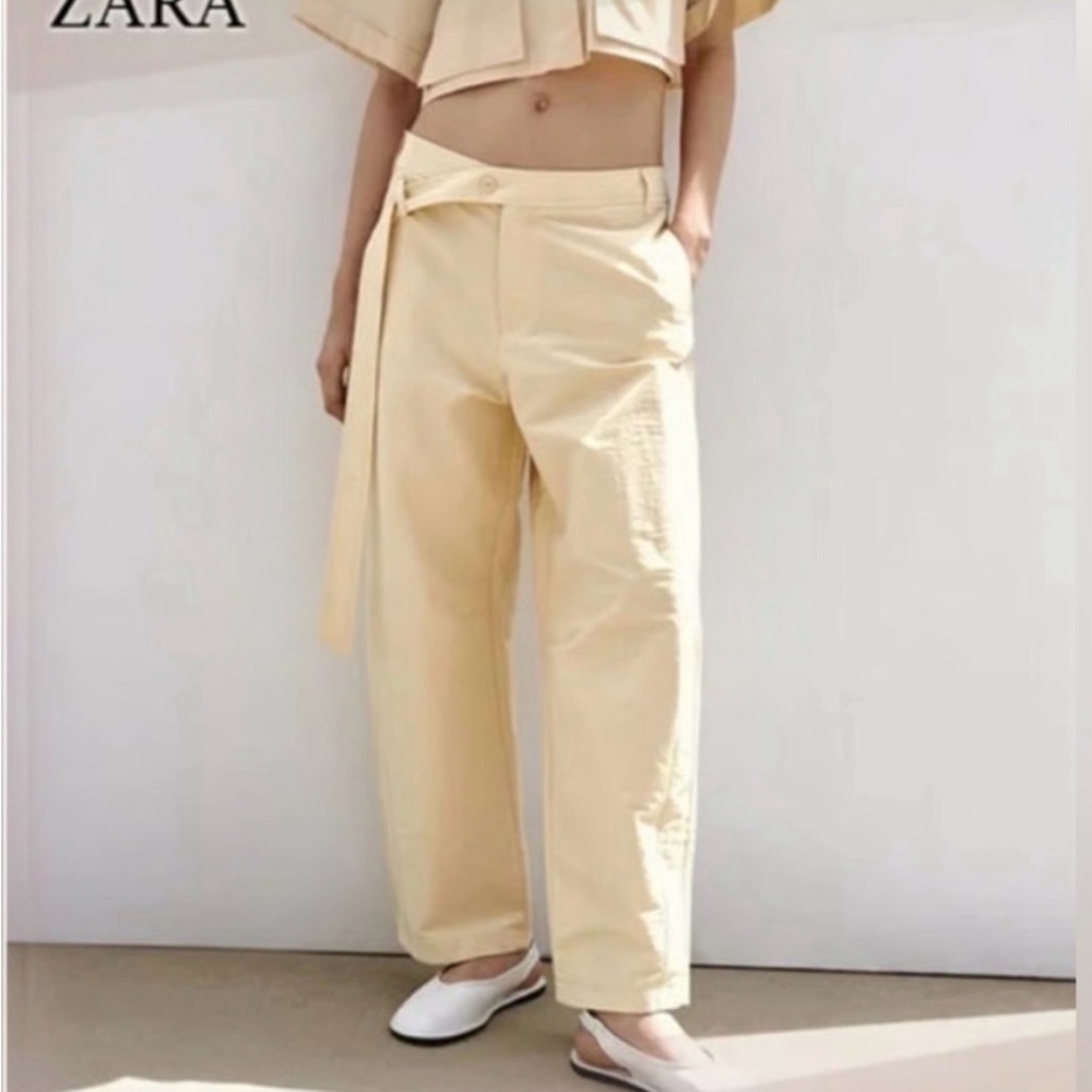 ZARA | Womens Butter Yellow Belted Barrel Leg Pants size Small Asymmetrical Belt
